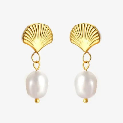 Drop Pearl Earrings with Gold Shell Accent – Lightweight & Stylish